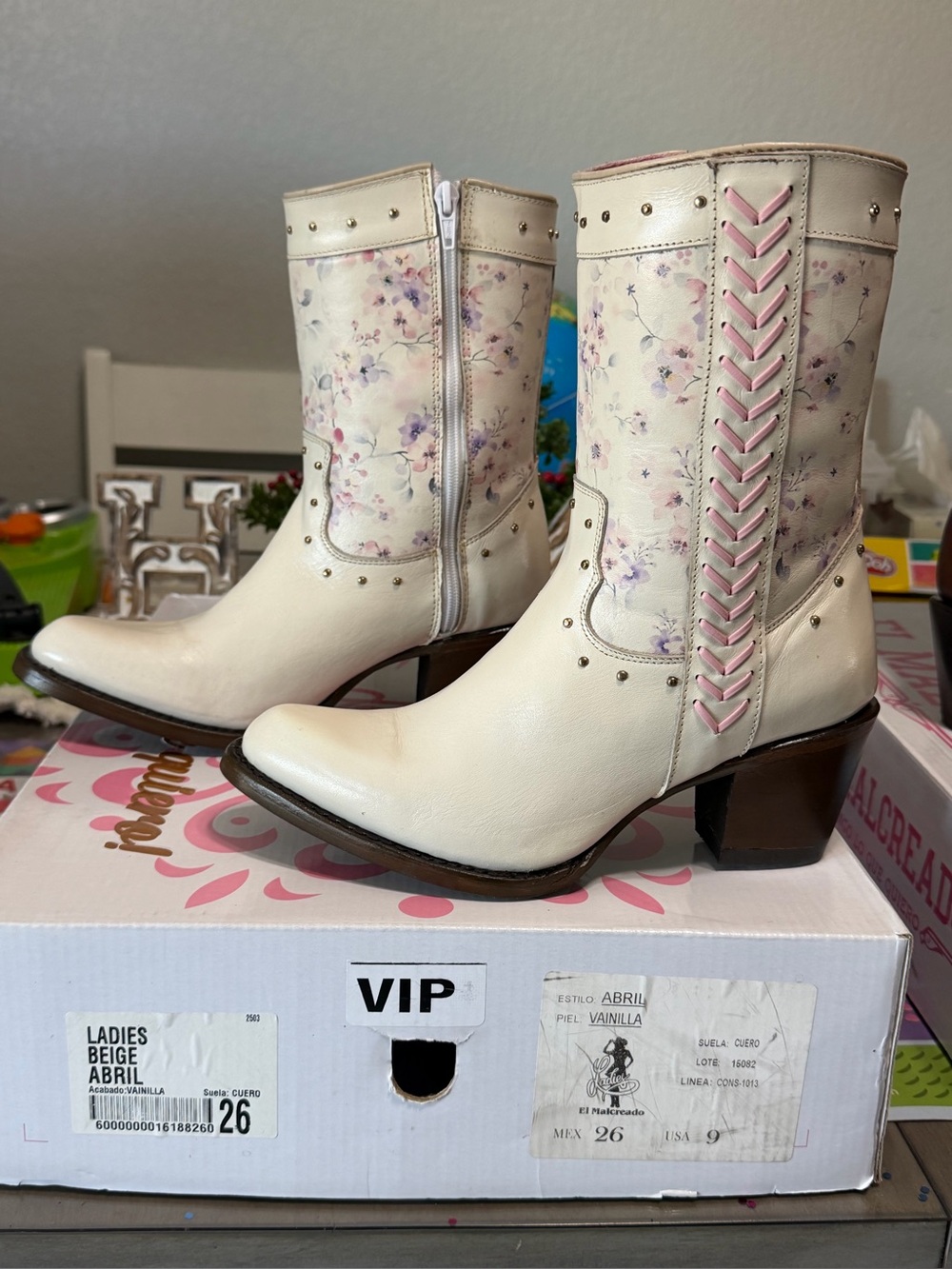 Vanilla Floral Western Heeled Boots with Pink Braid Detail